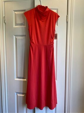 New Open Edit Grenadine Red Midi Dress with Funnel Neck and side circle cutouts